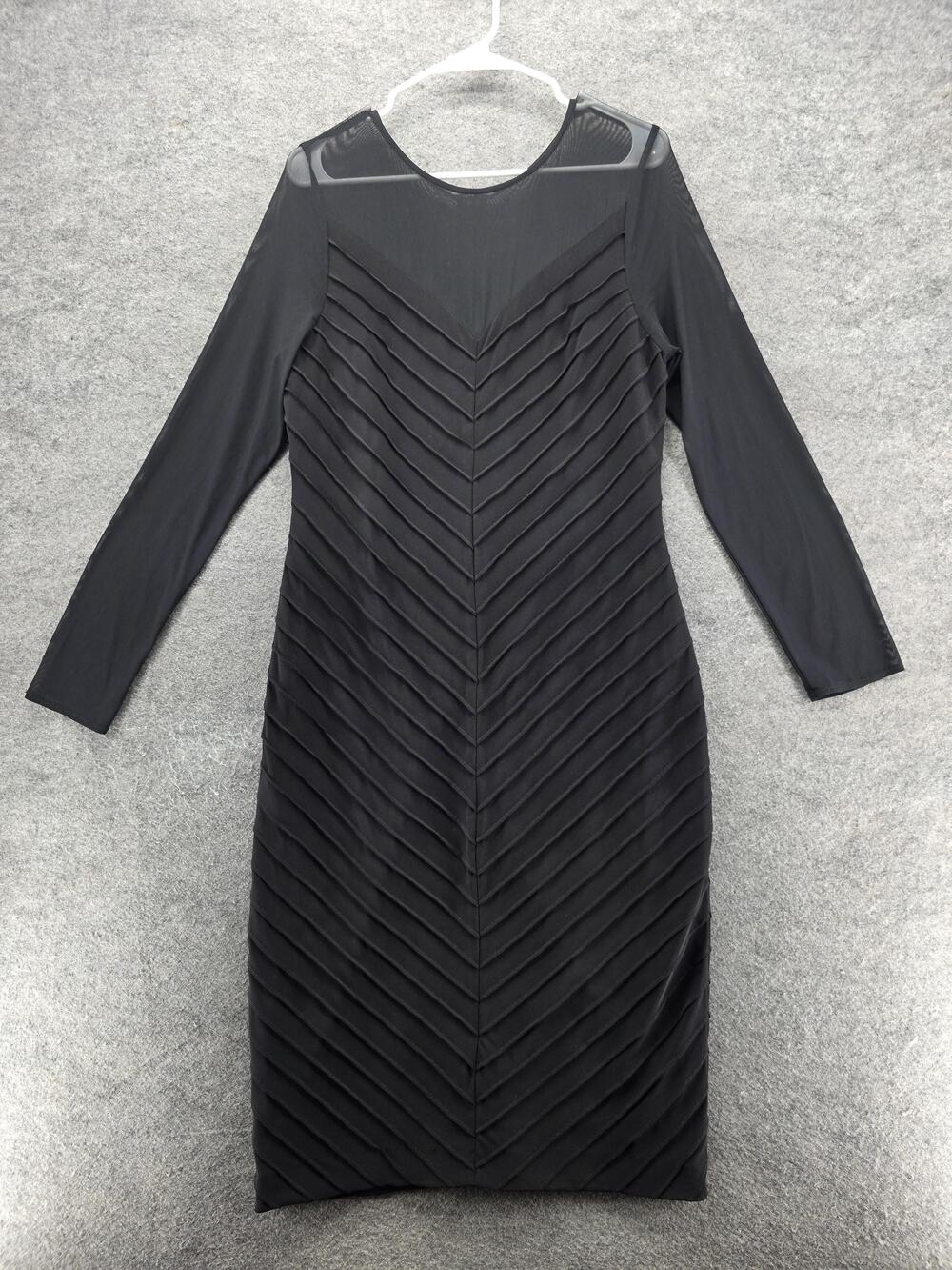 Adrianna Papell Dress Womens 12 Black Sheath Long Sleeve Mesh Illusion Chevron